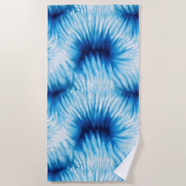 Aqua Blue White Gefärbte Krawatte Strandtuch (Vorderseite)