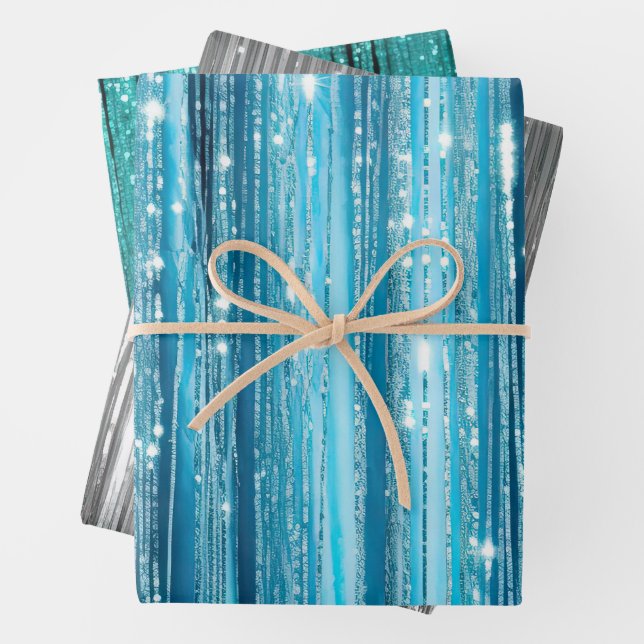 Aqua Blue White Glam Tinsel Stripes Geschenkegel Geschenkpapier Set (Beispiel)