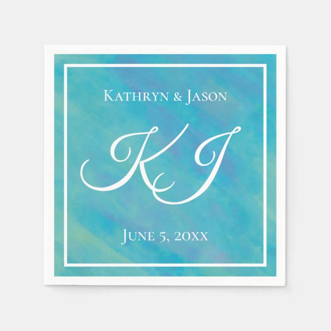 Aqua Blue & White Individuelle Name Wedding Serviette (Vorderseite)