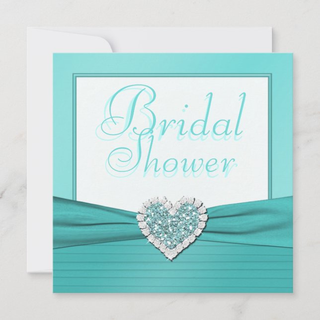 Aqua Blue, White Jewel Heart Brautparty Einladung (Vorderseite)