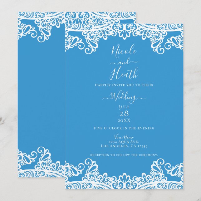 Aqua Blue & White Lace Elegante Hochzeit Einladung (Vorne/Hinten)