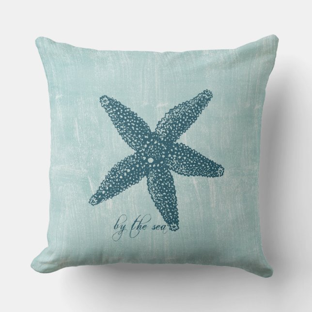 Aqua Blue White Ocean Shore Starfish Kissen (Vorderseite)
