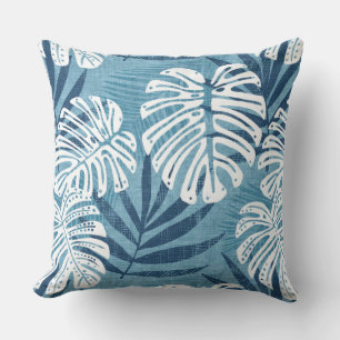 Aqua Blue & White Palm Leaf Throw Kissen