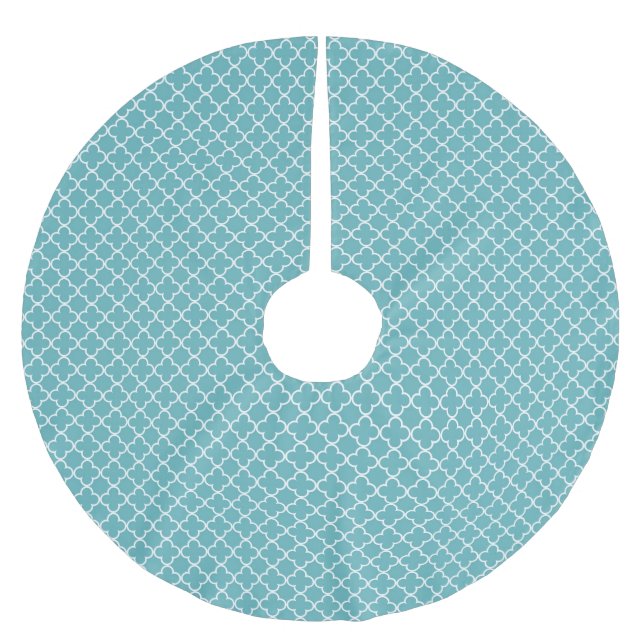 Aqua Blue White Quatrefoil Polyester Weihnachtsbaumdecke (Vorderseite)