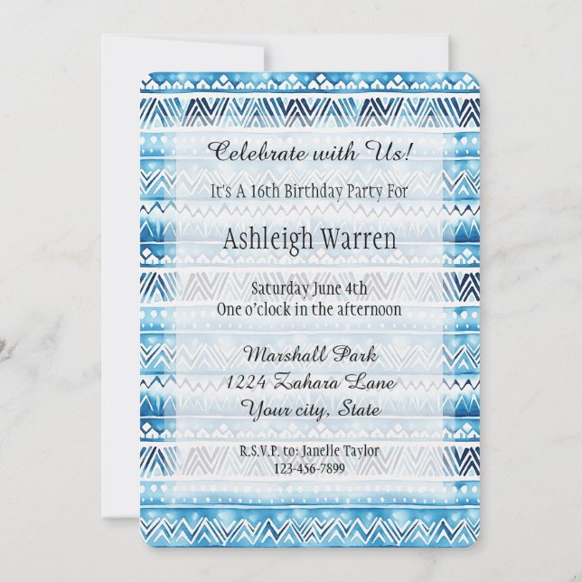 Aqua Blue White Tribal Streifen 16. Geburtstag Einladung (Rückseite)