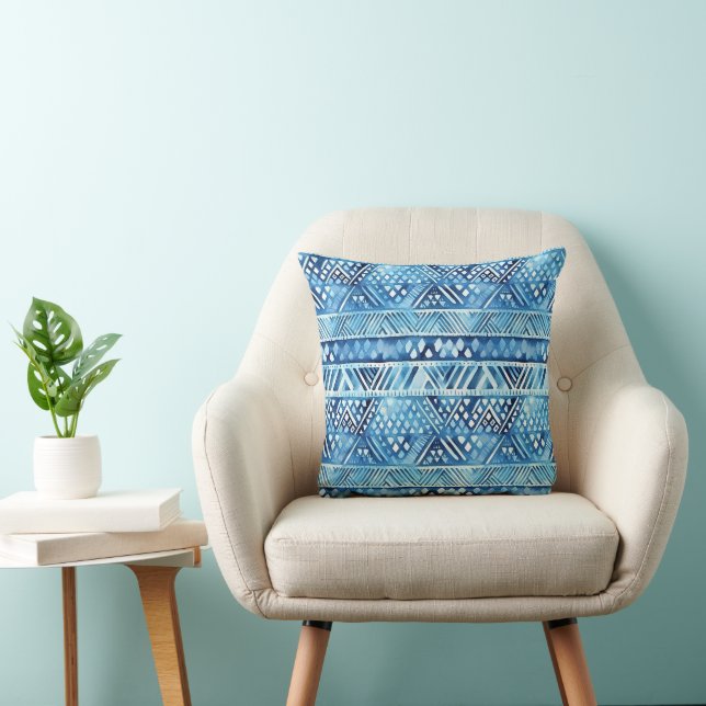 Aqua Blue White Tribal Stripes Dots Kissen (Stuhl )