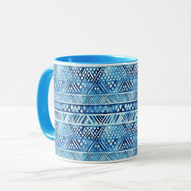 Aqua Blue White Tribal Stripes Dots Tasse (Vorderseite Links)