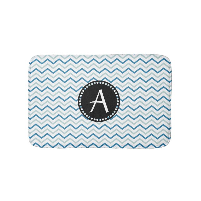 Aqua Blue & white Zickzack zigzag Patter Monogram Badematte (Vorderseite)