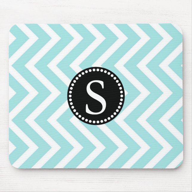 Aqua Blue & White Zigzag Muster Black Monogram Mousepad (Vorne)