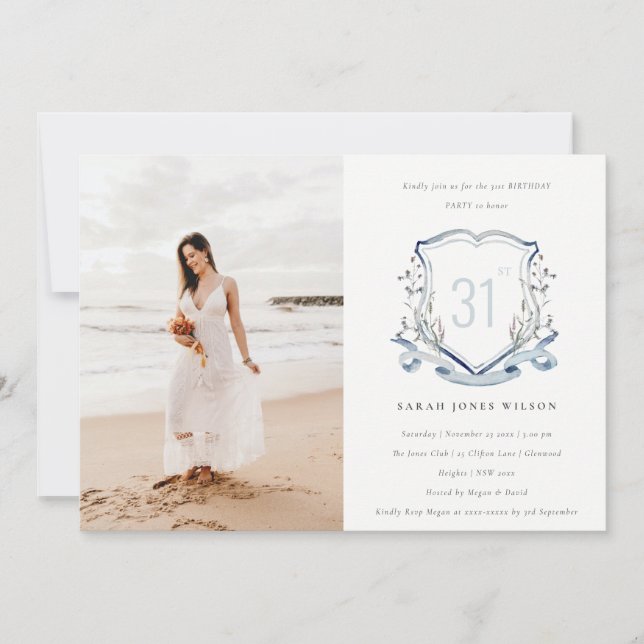 Aqua Blue Wildblume Monogram Wappen Foto Geburtsta Einladung (Vorderseite)