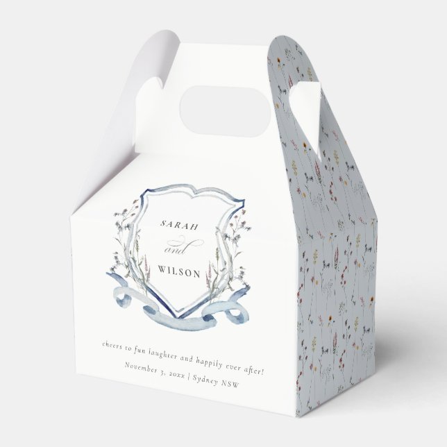 Aqua Blue Wildblume Watercolor Wappen Hochzeit Geschenkschachtel (Vorderseite)