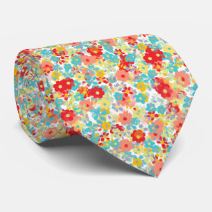 Aqua Blue Yellow Peach Red Summer Floral Muster Krawatte