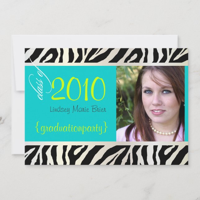 Aqua Blue Zebra Graduation Photo Invitation (Devant)