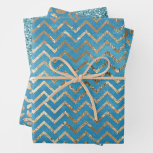 Aqua Blue Zig Zag und Leopard Geschenkpapier Set