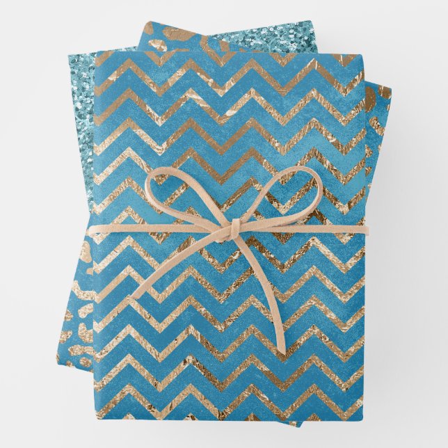 Aqua Blue Zig Zag und Leopard Geschenkpapier Set (Beispiel)