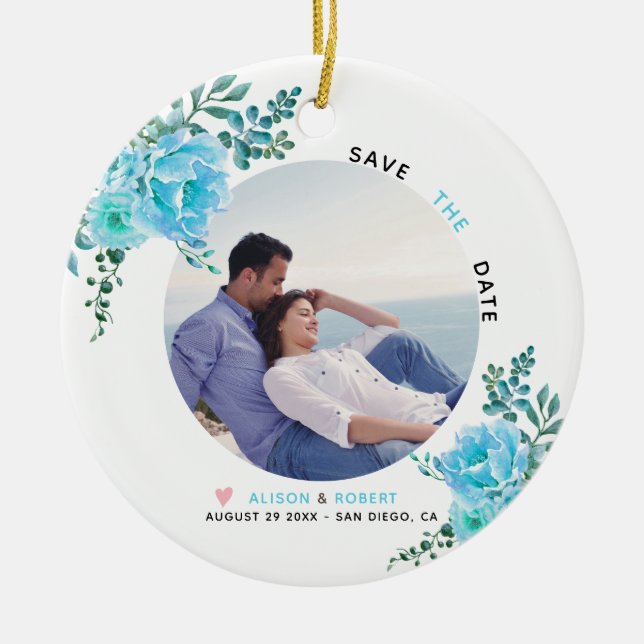Aqua blühende Hochzeit Save the Date Foto Keramik Ornament (Vorne)