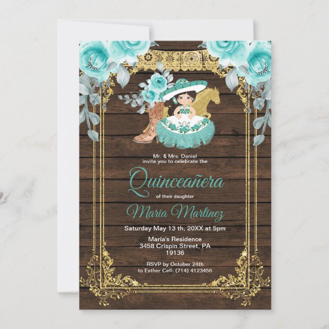 Aqua Blume Princess Quinceañera Mexikanisch  Einladung (Vorderseite)