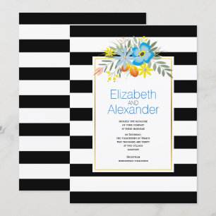 Aqua Blume, Schwarz-weiße Streifen Blumenzettel Einladung