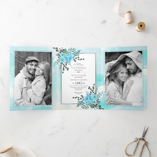 Aqua Blumen, Blätter Blumen Hochzeit im Sommer Dreifach Gefaltete Einladung (Innenseite)