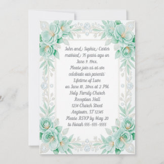 Aqua Blumen und Diamanten 75. Jubiläum Einladung