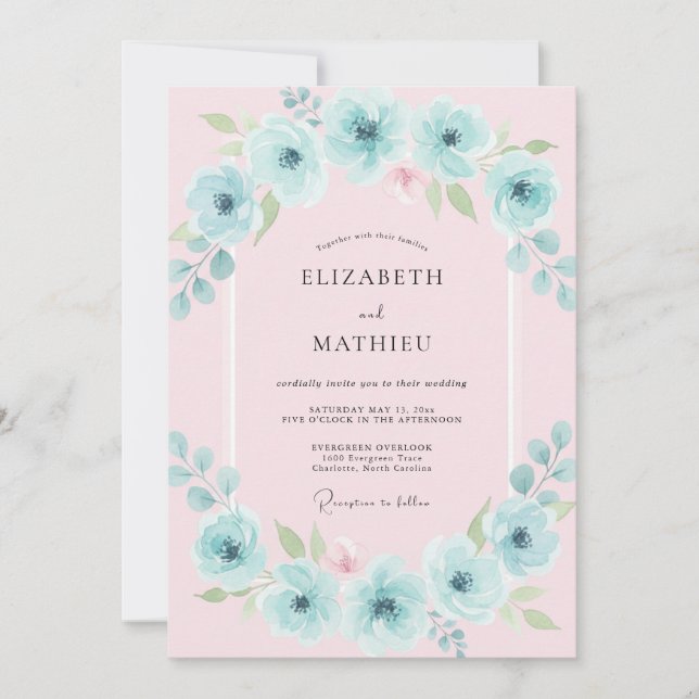 Aqua-Blumenbogen-Hochzeit Einladung (Vorderseite)