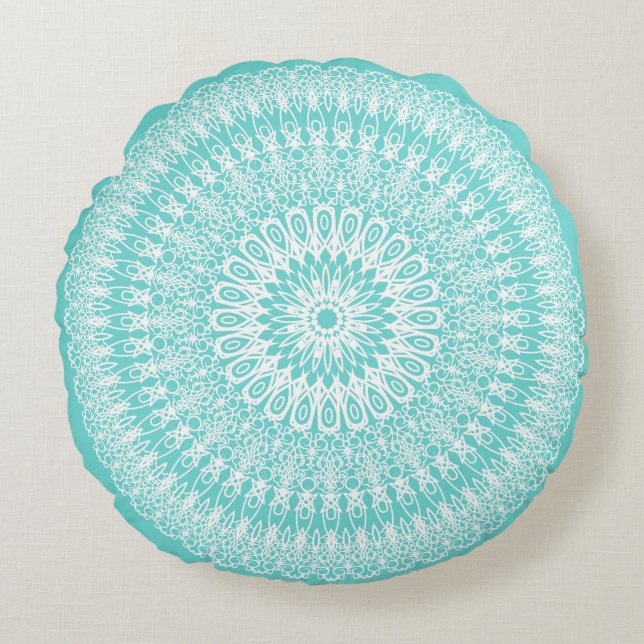 Aqua Boho Mandala Rundes Kissen (Vorderseite)