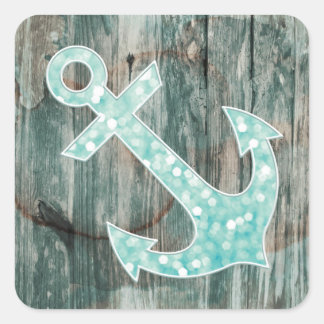Aqua Bokeh Nautical Glitzer Anchor on Wood Quadratischer Aufkleber