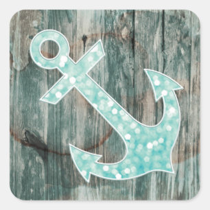 Aqua Bokeh SeeGlitzer-Anker auf Holz Quadratischer Aufkleber