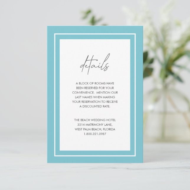 Aqua Bold Border Moderne Hochzeit Begleitkarte (Stehend Vorderseite)