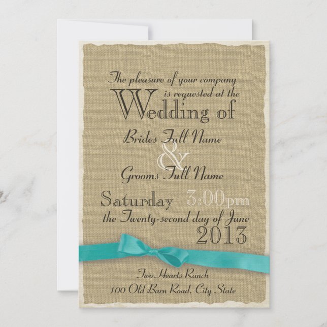 Aqua Bow und Burlap Wedding Lite Einladung (Vorderseite)