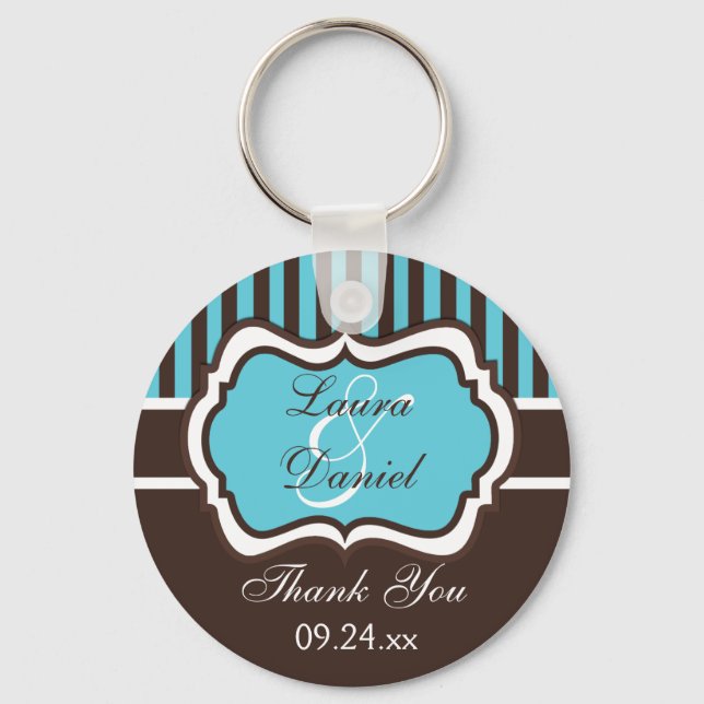 Aqua, braun, weiß gestreifte Gastgeschenk Hochzeit Schlüsselanhänger (Vorderseite)