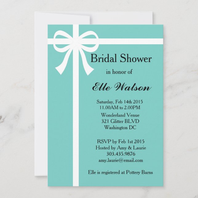 Aqua Bridal Dusche Einladungen, weißes Band Einladung (Vorderseite)