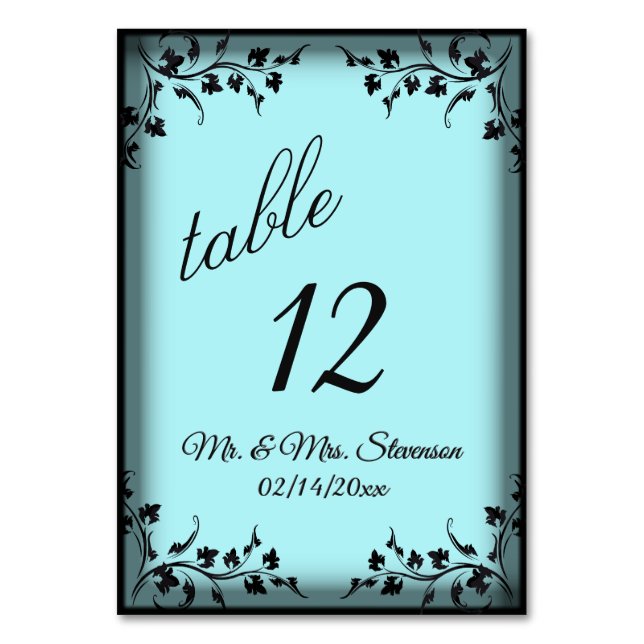Aqua Bride Groom Namen und Datum Tischnummer (Vorderseite)