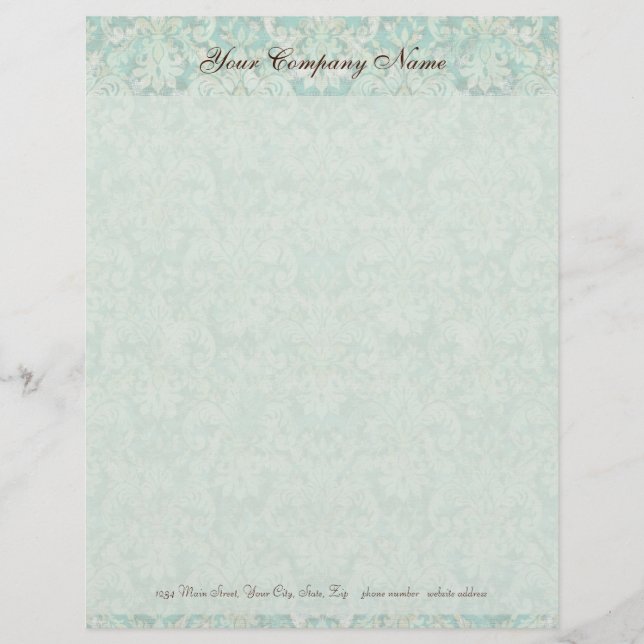 Aqua-Briefpapier Fleur di Lys Damask Briefbogen (Vorderseite)