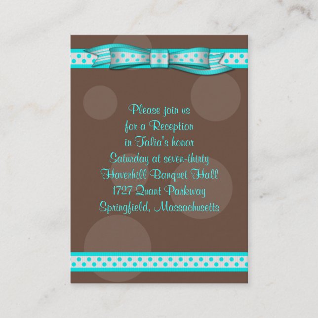 Aqua & Brown Polka Dots Bat Mitzvah Empfang Card Begleitkarte (Vorderseite)
