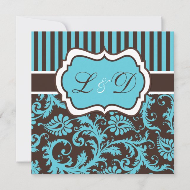 Aqua, Brown, weiße gestreifte Damast-Hochzeit Einladung (Vorderseite)