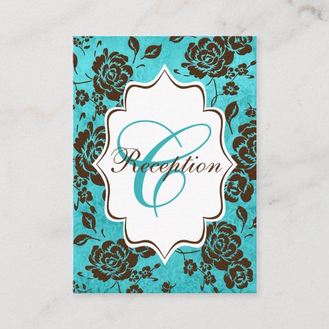 Aqua Brown White Floral Damask Verschlusskarte Begleitkarte (Vorderseite)