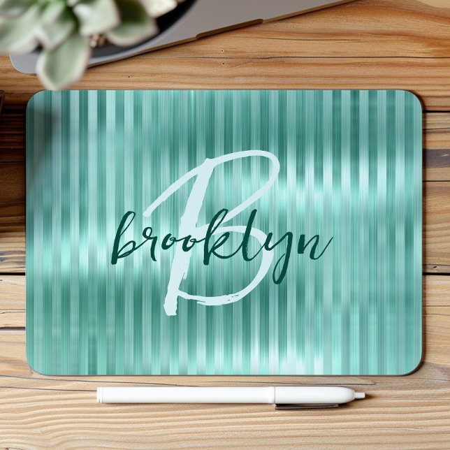 Aqua Brushed Metal Stripes Script Monogram  Mousepad (Von Creator hochgeladen)