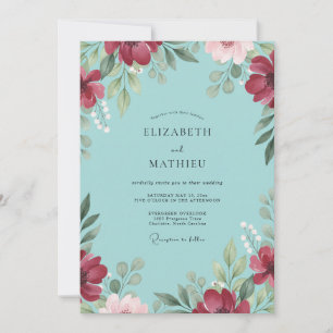 Aqua-Burgunder-Mohn-Hochzeit Einladung