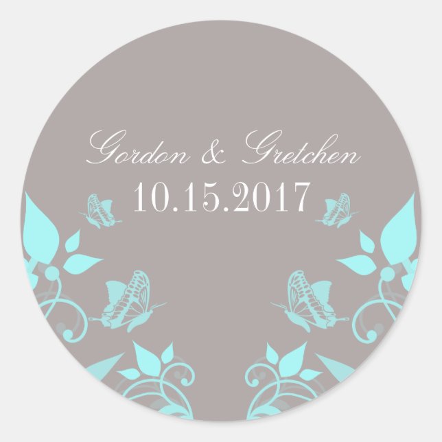 Aqua Butterfly Floral Wedding Stickers (Vorderseite)