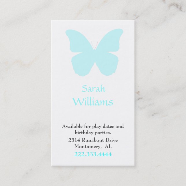 Aqua Butterfly Silhouette Girls Calling Card Telefonnummerkarte (Vorderseite)