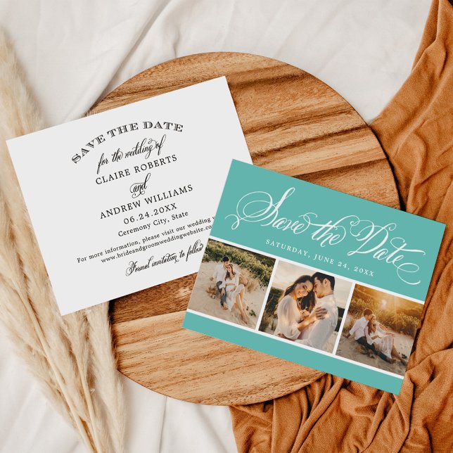 Aqua Calligraphy Script Wedding Foto Collage Save The Date (Von Creator hochgeladen)