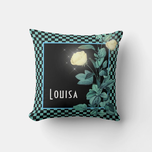 Aqua Checkerboard Floral Personalisiert Kissen (Vorderseite)