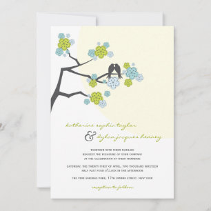 Aqua Cherry Blossoms Love Birds Wedite Einladung