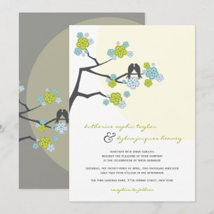 Aqua Cherry Blossoms Love Birds Wedite Einladung