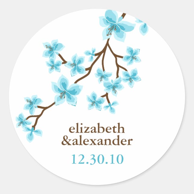 Aqua Cherry Blossoms Runder Aufkleber (Vorderseite)