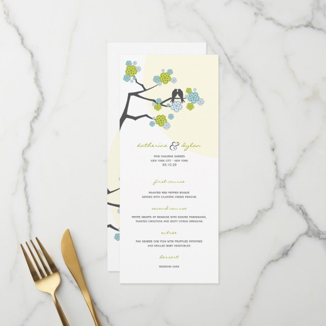 Aqua Cherry Blossoms Sakura Love Birds Wedding Menükarte (Vorderseite/Rückseite Beispiel)