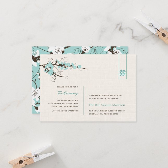 Aqua Cherry Blüten Chic Asian Wedding Empfang Einladung (Vorderseite/Rückseite Beispiel)