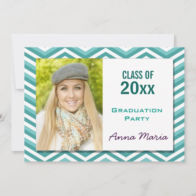 Aqua Chevron Graduation Party Photo Invitation (Devant)