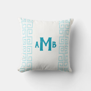 Aqua Chinoiserie Wide Greek Key Strip Monogramm Kissen